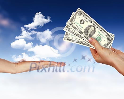 Collage with human hands holding money against blue sky Collage with human hands holding money against blue sky