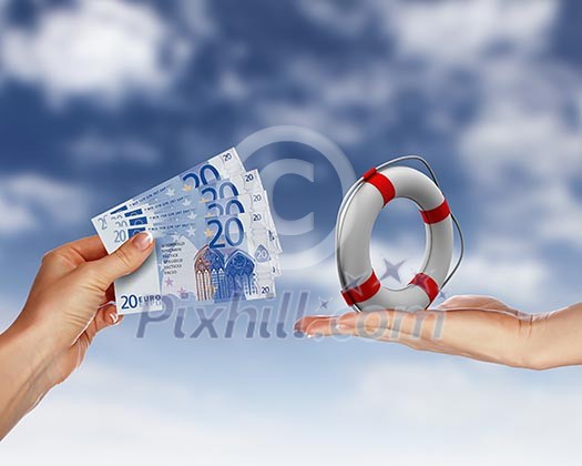Collage with human hands holding money against blue sky