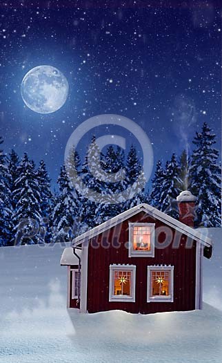 A red wooden house on a snowy moonlit evening