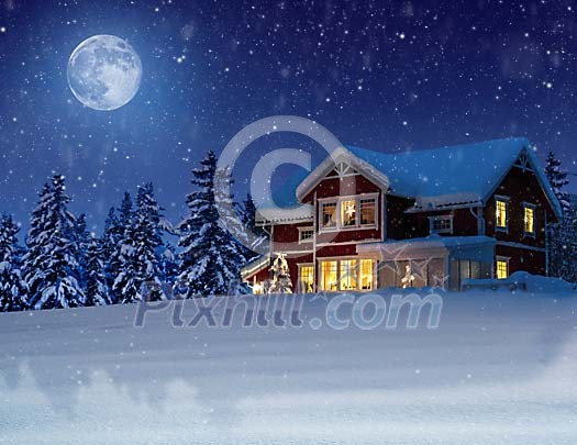 A snowcovered red wooden house on a snowy evening with full moonlight