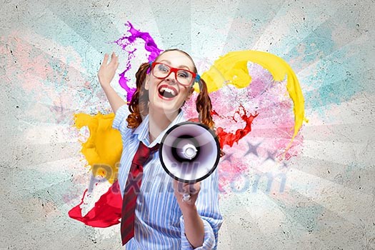 Funny looking woman speaking with a megaphone