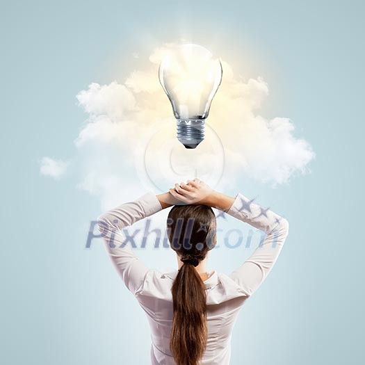Image of thoughtful businesswoman standing with back Image of thoughtful businesswoman standing with back