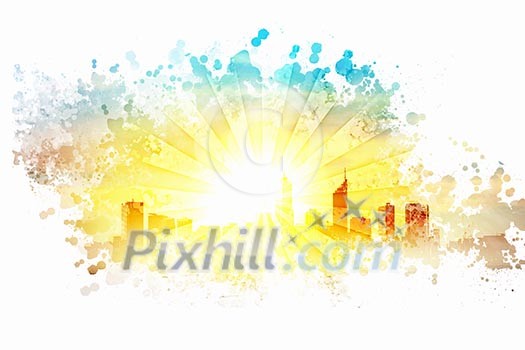 Abstract background image with sun rays and city illustration Abstract background image with sun rays and city illustration