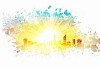 Abstract background image with sun rays and city illustration