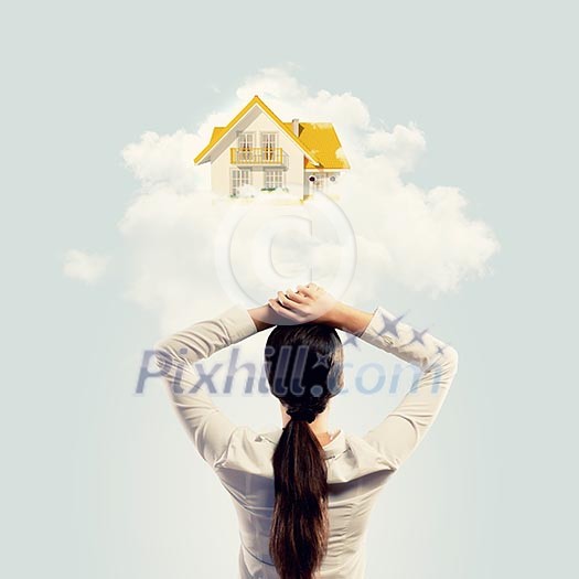 Image of thoughtful businesswoman standing with back Image of thoughtful businesswoman standing with back