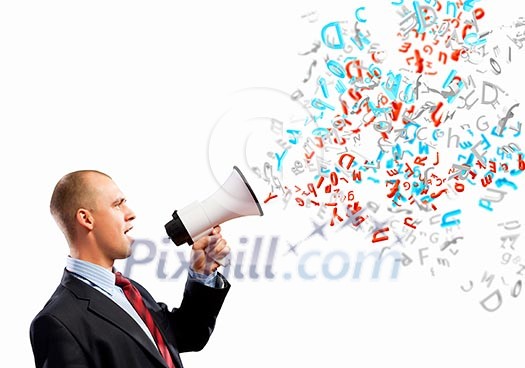 Image of angry businessman screaming in megaphone