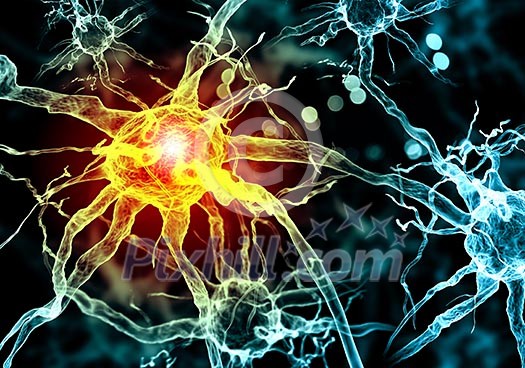 Illustration of a nerve cell on a colored background with light effects Illustration of a nerve cell on a colored background with light effects