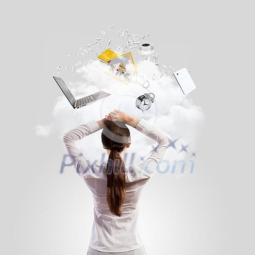 Image of thoughtful businesswoman standing with back Image of thoughtful businesswoman standing with back