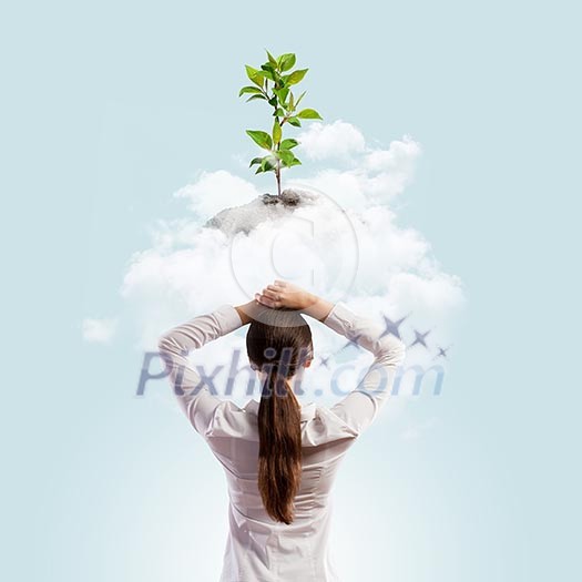 Image of thoughtful businesswoman standing with back Image of thoughtful businesswoman standing with back