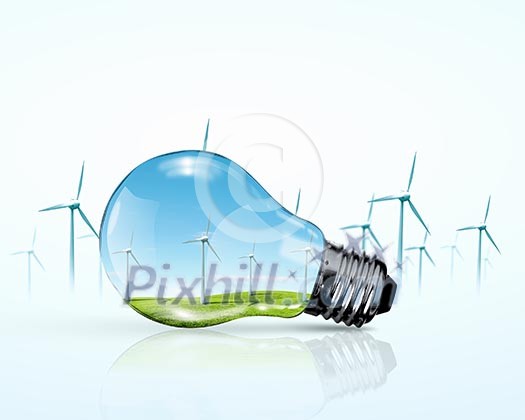 Electric bulb and windmill generators. Renewable energy concept Electric bulb and windmill generators. Renewable energy concept