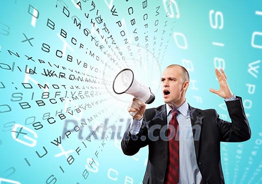 Image of angry businessman screaming in megaphone Image of angry businessman screaming in megaphone