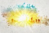 Abstract background image with sun rays and city illustration