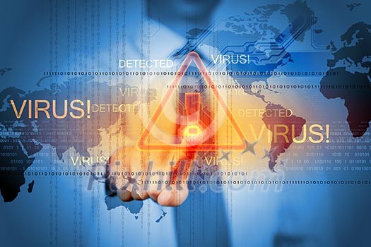 Image of businessman touching virus alert icon Image of businessman touching virus alert icon