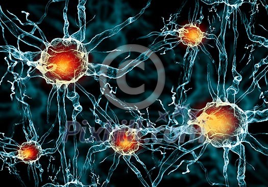Illustration of a nerve cell on a colored background with light effects Illustration of a nerve cell on a colored background with light effects