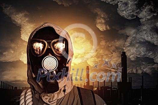 Image of man in gas mask. Ecology concept