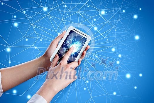 Close-up image of human hands holding smartphone Close-up image of human hands holding smartphone