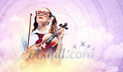 Image of young funny woman with violin against color background