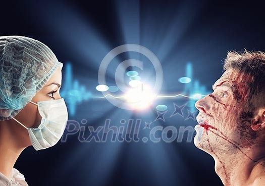 Meeting the surgeon and the patient looks. Black background, collage Meeting the surgeon and the patient looks. Black background, collage