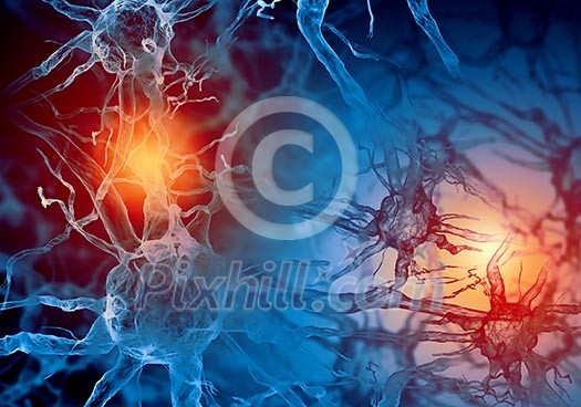 Illustration of a nerve cell on a colored background with light effects