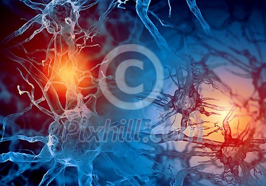 Illustration of a nerve cell on a colored background with light effects Illustration of a nerve cell on a colored background with light effects