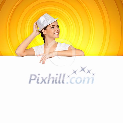 Attractive woman in hat with blank banner. Place for text Attractive woman in hat with blank banner. Place for text