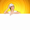 Attractive woman in hat with blank banner. Place for text