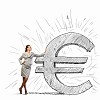 Image of confident businesswoman leaning on euro sign