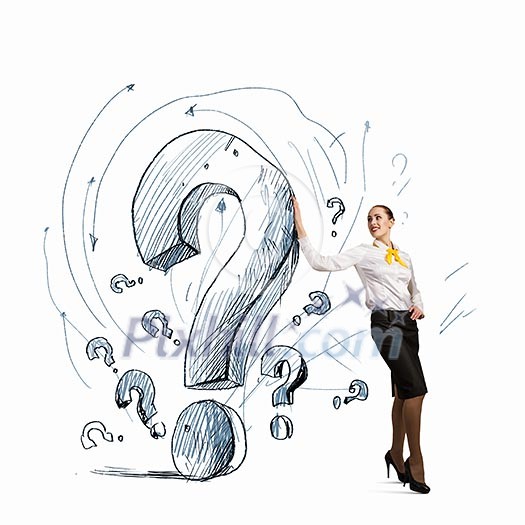 Image of businesswoman leaning on question sign Image of businesswoman leaning on question sign