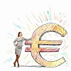 Image of confident businesswoman leaning on euro sign