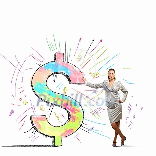 Image of confident businesswoman leaning on dollar sign Image of confident businesswoman leaning on dollar sign