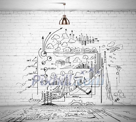 Sketch drawing with ideas on wall. Collage Sketch drawing with ideas on wall. Collage
