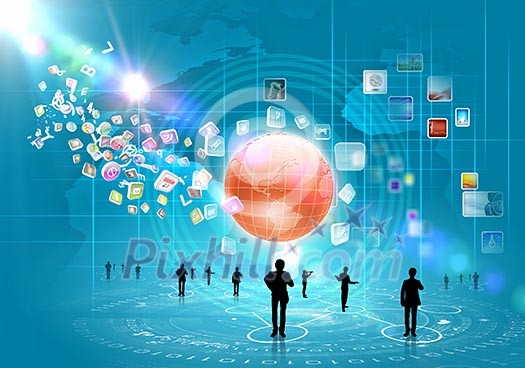 Business people silhouettes against blue media background with icons Business people silhouettes against blue media background with icons