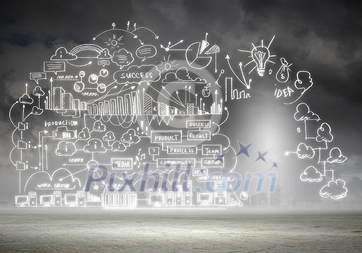 Hand drawn business ideas sketch against nature background Hand drawn business ideas sketch against nature background