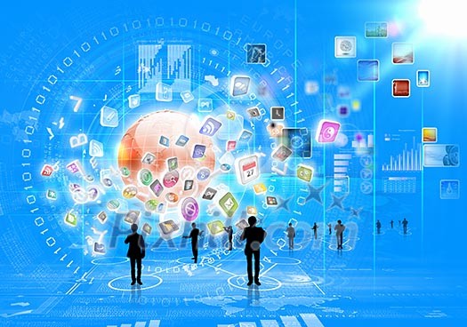 Business people silhouettes against blue media background with icons Business people silhouettes against blue media background with icons