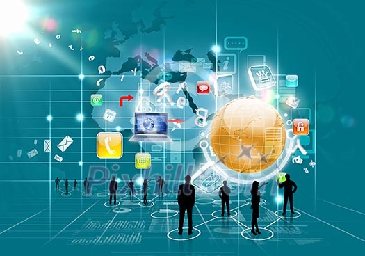 Business people silhouettes against blue media background with icons Business people silhouettes against blue media background with icons