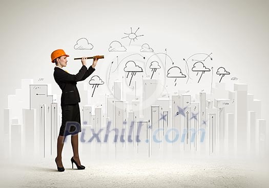 Woman engineer in helmet with scope against sketch background Woman engineer in helmet with scope against sketch background