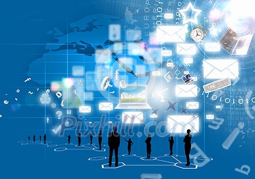 Business people silhouettes against blue media background with icons Business people silhouettes against blue media background with icons