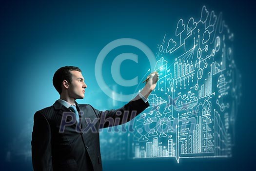 Image of young businessman touching icon of media screen