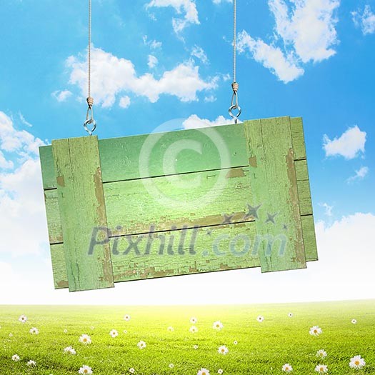 Wooden blank banner hanging on ropes. Place for text Wooden blank banner hanging on ropes. Place for text