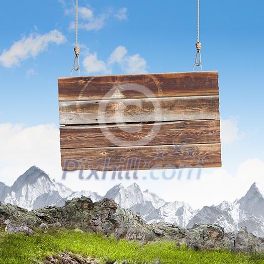 Wooden blank banner hanging on ropes. Place for text Wooden blank banner hanging on ropes. Place for text