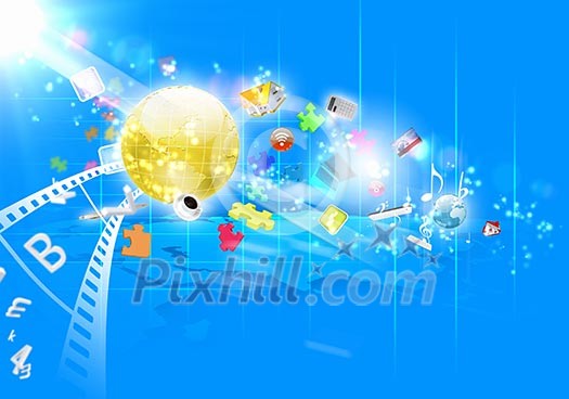Business high-tech media background with symbols and icons