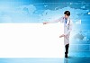 Young male doctor with blank banner. Place for text