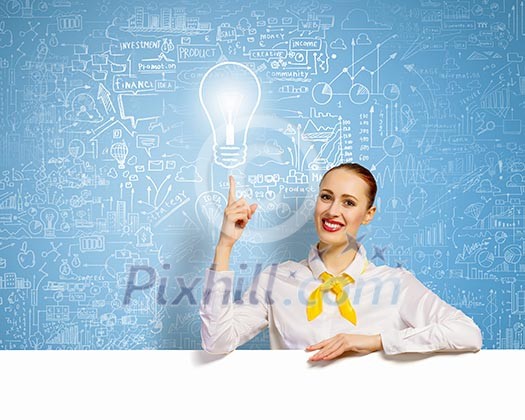 Young businesswoman holding white blank banner. Place for text
