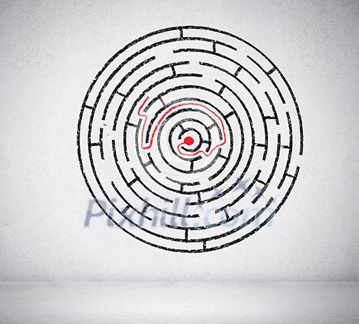 Round maze against white background. Solution idea