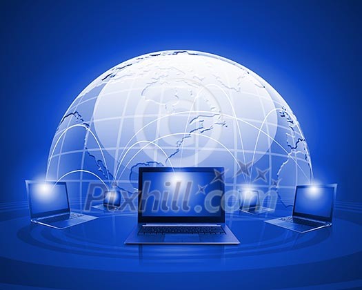 Laptops against globe blue illustration. Globalization concepts