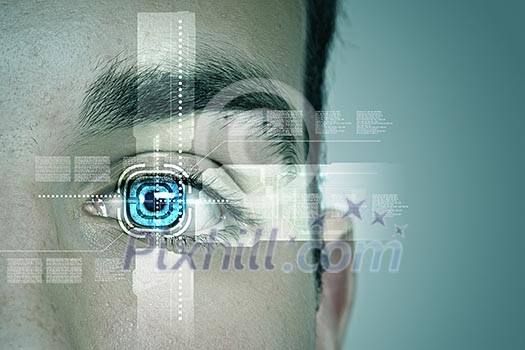 Close up of male eye scanned for recognition