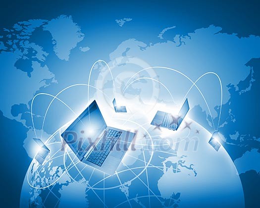 Laptops against globe blue illustration. Globalization concepts Laptops against globe blue illustration. Globalization concepts