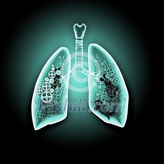 Illustration of human lungs with cog wheel mechanisms