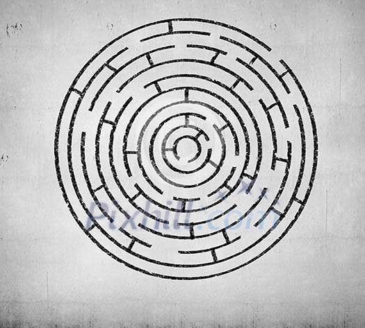 Round maze against white background. Solution idea