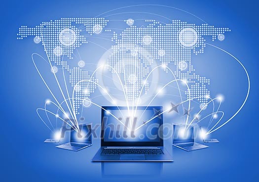 Laptops against globe blue illustration. Globalization concepts Laptops against globe blue illustration. Globalization concepts